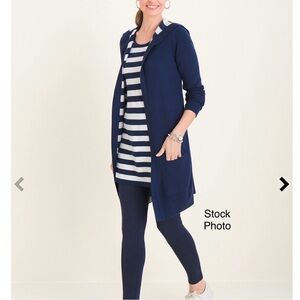 Chicos’s New reversible striped or solid  hooded cardigan sweater navy white